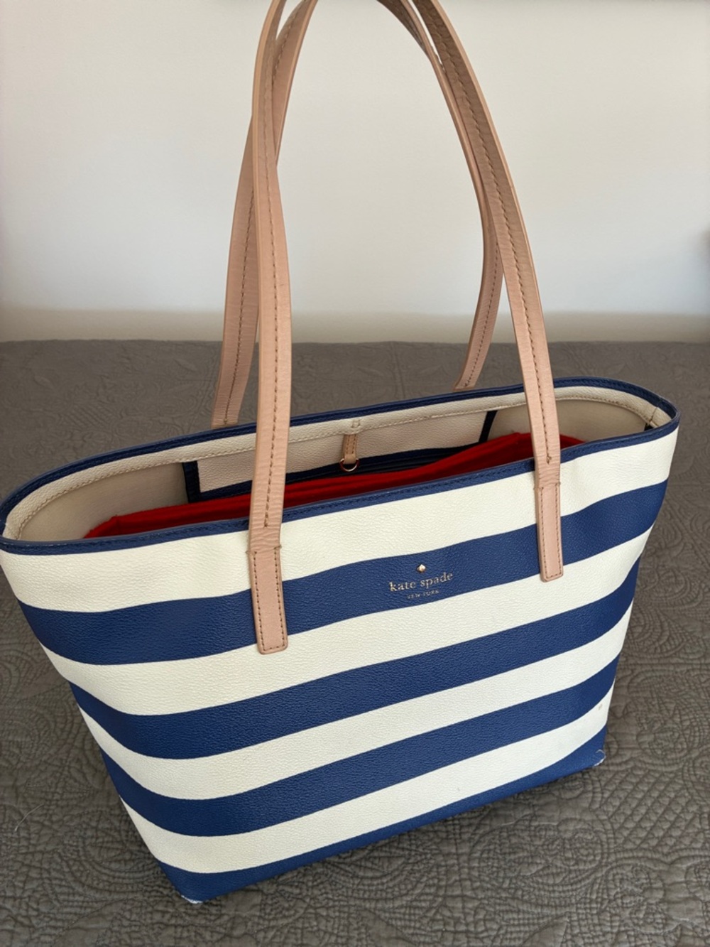 kate spade Navy and White Striped Tote with Blush Handles includes bag organizer
